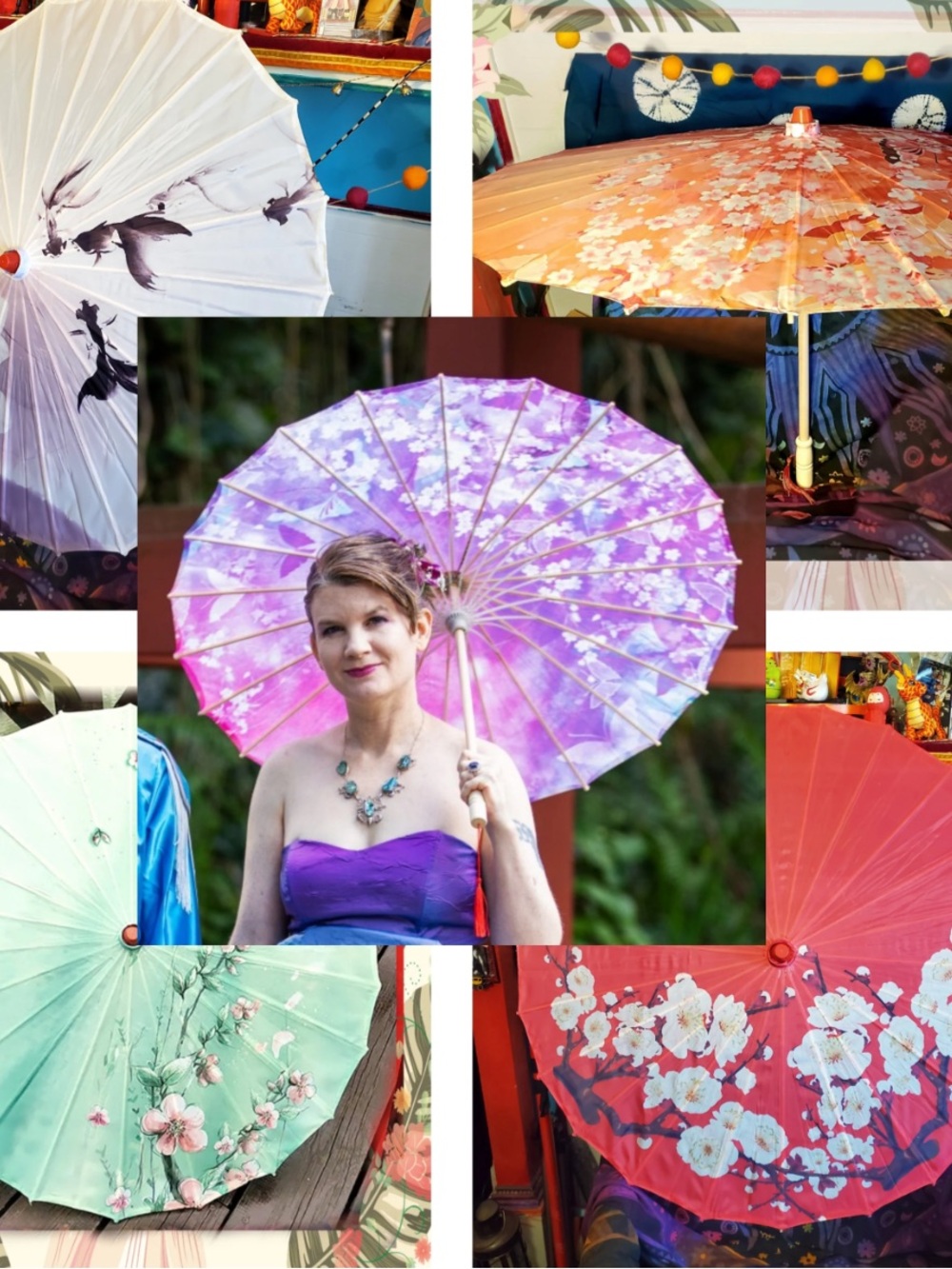 #2536* “22x32” Blue Floral Butterfly Paper Parasol Epcot International Umbrella - Picture 7 of 17